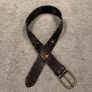 Linea Pelle Belt Womens Small Brown Cutout Inlay Leather Brass Buckle Boho